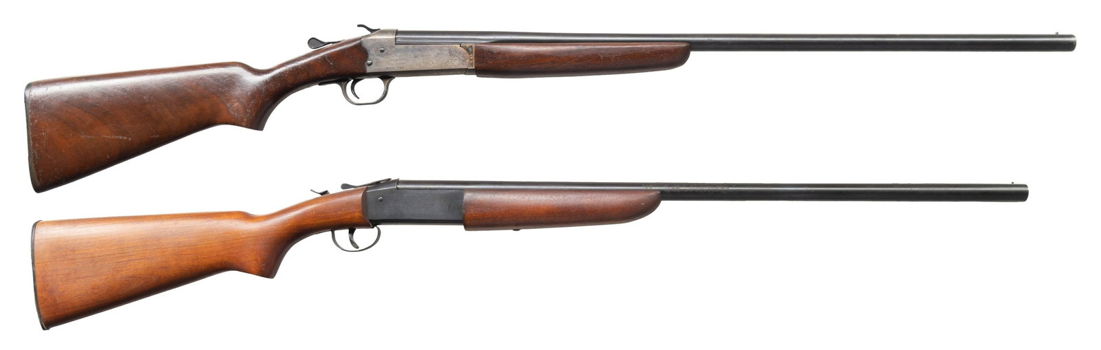 STEVENS 94C & AMERICAN IMPORT 620 TOP BREAK: SHOTGUNS. 1) STEVENS MODEL 94C. Cal. 20 Ga., 2 3/4". NSN. Bbl. 28" w/ steel bead. Case colored action w/ manually cocked hammer. Walnut stock set. CONDITION: good blue. Fair case colors. Fair wood