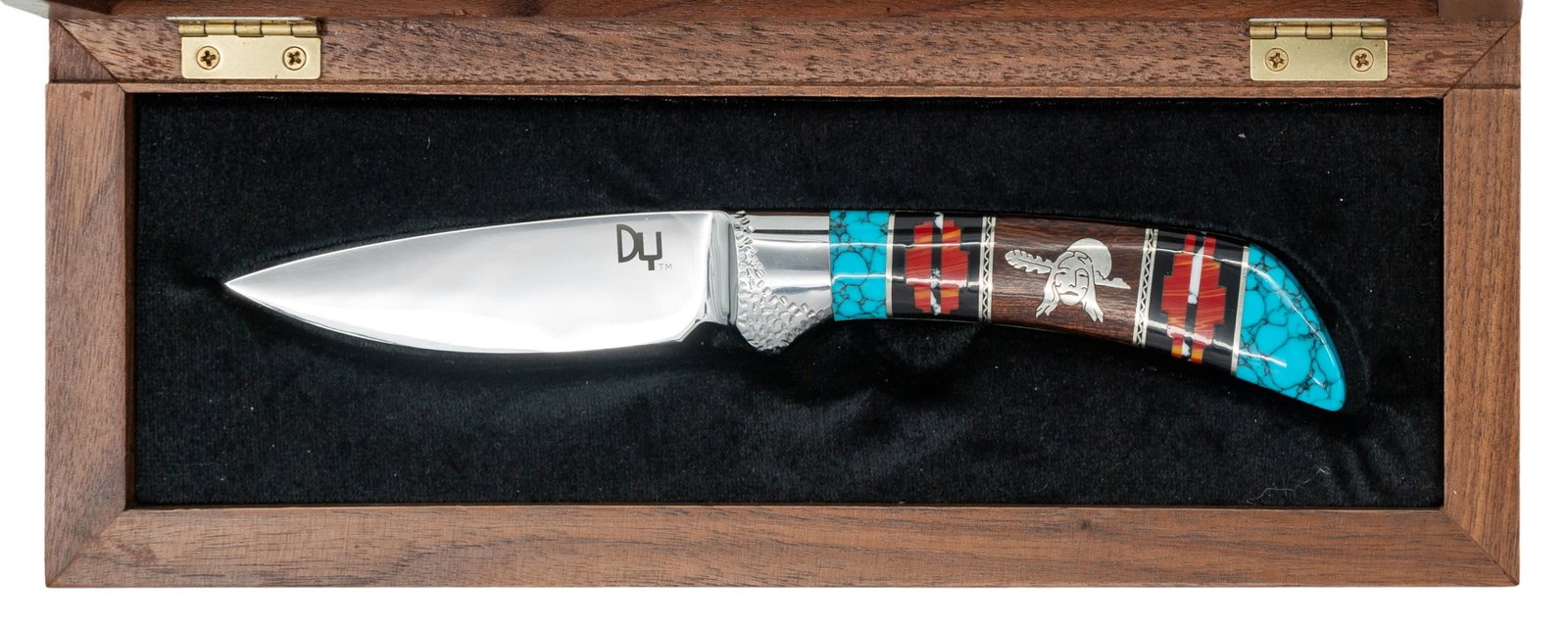 DAVID YELLOWHORSE DY-1008-AG "RISING WISDOM": KNIFE WITH CASE & COA. # 011 of 100 hand crafted knife by David YellowHorse for A.G. Russell Knives. Full tang knife approx. 8" overall. Grips show inlay of "rising wisdom" in wood panels with