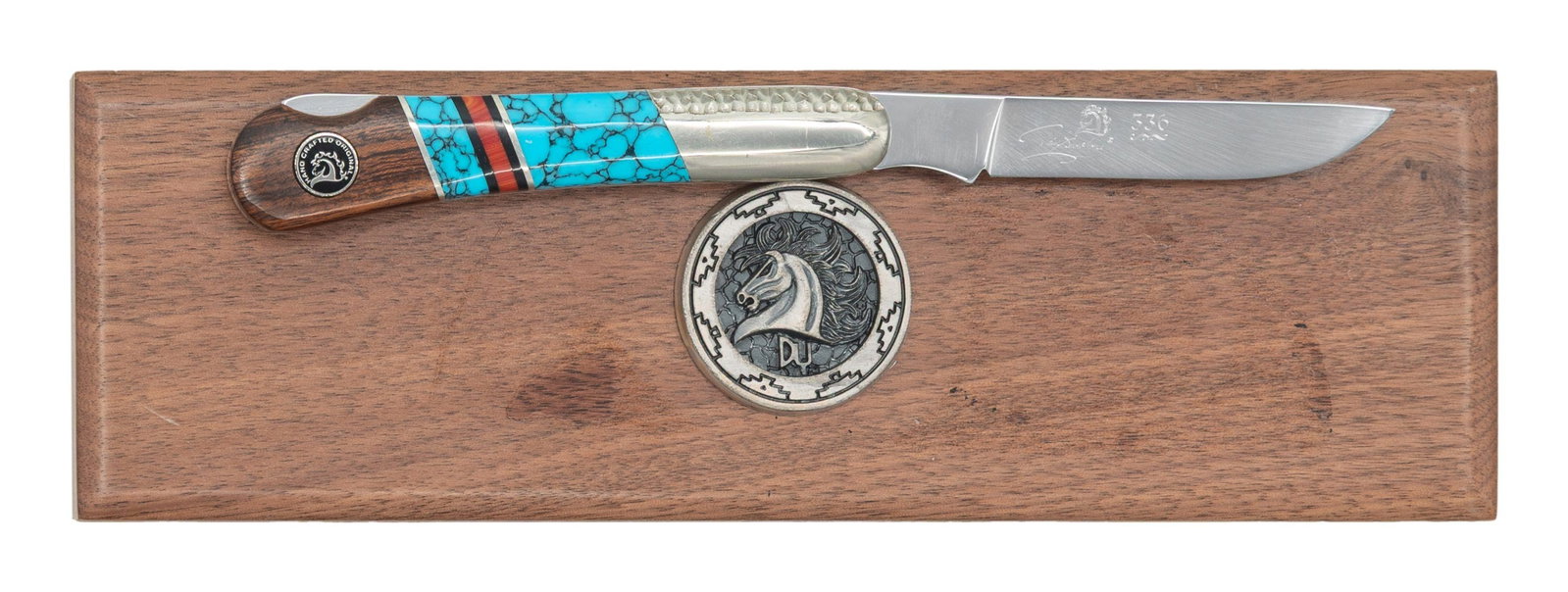 DAVID YELLOWHORSE DY-1002 BEAR CLAW FOLDING: KNIFE WITH CASE & COA. Knife measures 7.75" when folded out. S# 336 & signature on right side of blade. Nickel silver bolsters. Turquoise & wood sales w/ inlaid bear claw & David Yellowhorse