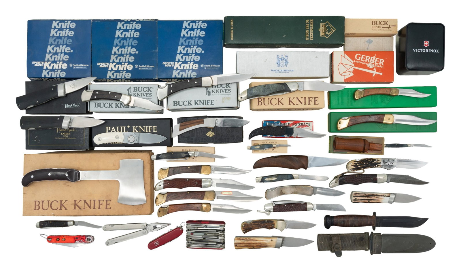 LOT OF ASSORTED KNIVES, MULTI-TOOLS, & BOXES. (1 of 2)