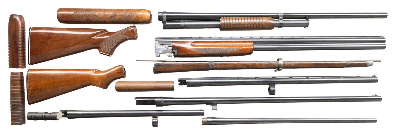 PREDOMINATELY WINCHESTER AND REMINGTON SHOTGUN: BARRELS PLUS OTHER PARTS. BARRELS: 1). WINCHESTER 12 Ga. Model 101 set made in Japan with Imp. Mod. and Full chokes; 30" vent ribbed having front and mid silver beads. Includes forend assembly and