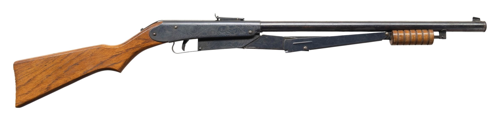 DAISY NO. 25 PUMP ACTION BB GUN.: CAL. BB. NSN. Spring powered BB gun with blued metal & hardwood stock. CONDITION: good blue with peppery oxidation. Good wood finish. (02-24254/MD). NON-GUN. $100-200.