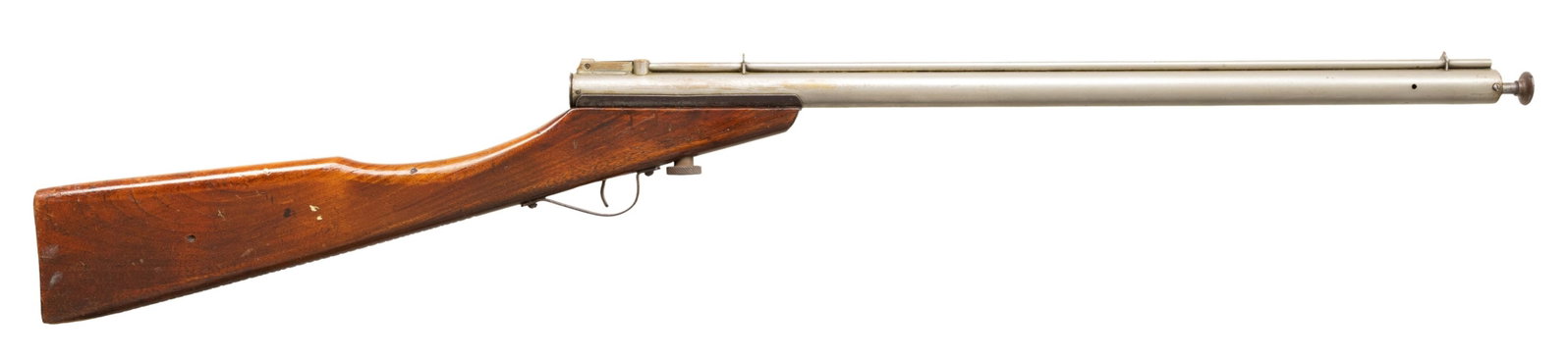 BENJAMIN MODEL F PNEUMATIC AIR GUN.: Cal. BB. NSN. Mfg. 191-1935. Bbl. 20.25". Fixed sights. Walnut stock; toeline has 46 kill notches. Butt has carved WH. CONDITION: good plated finish with wear & marks. Buttstock has large piece