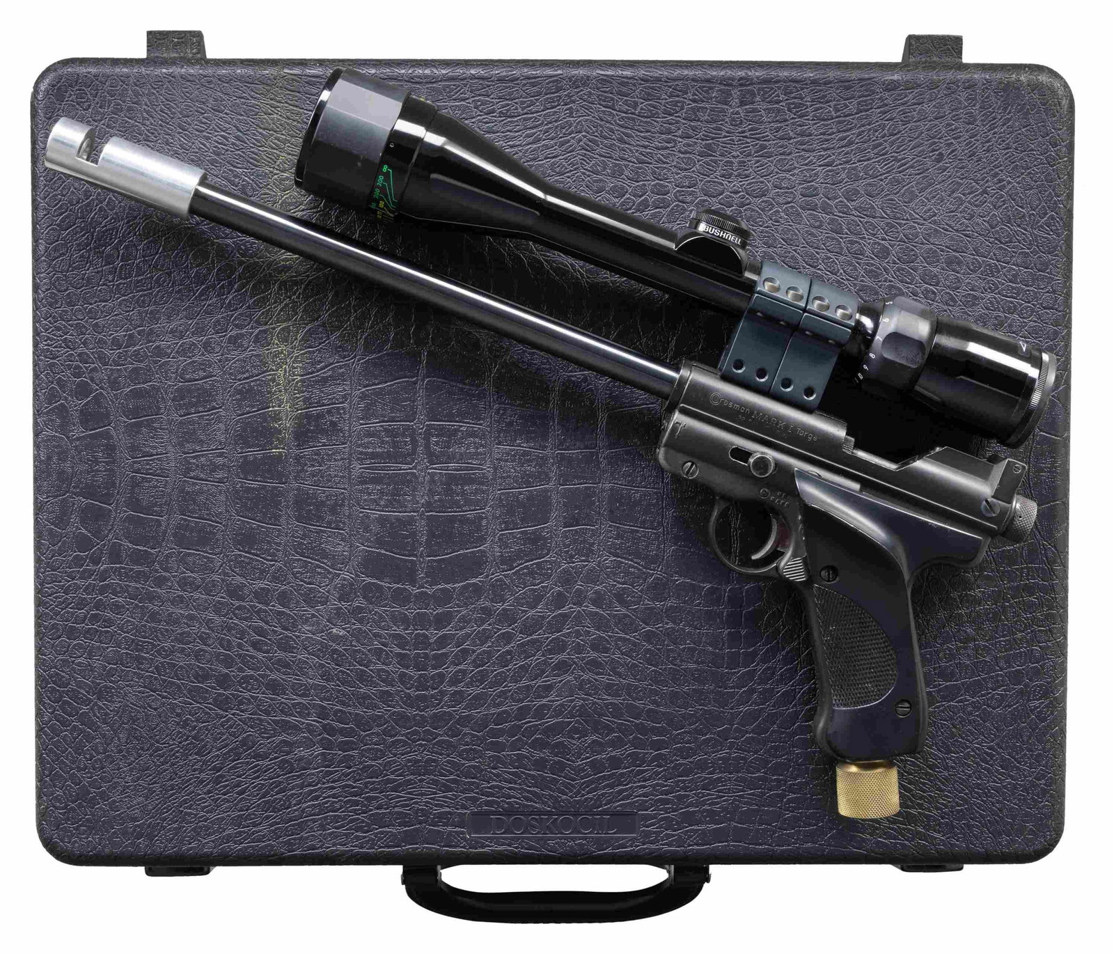 CROSMAN MARK I TARGET C02 AIR PELLET PISTOL.: Cal. 22. S# 557989. Bbl. 13". Mark I Target C02 pellet pistol mfg. by Crosman. Left side of the frame is marked with the Crosman trademark logo as well as with the model and cal. designations, with