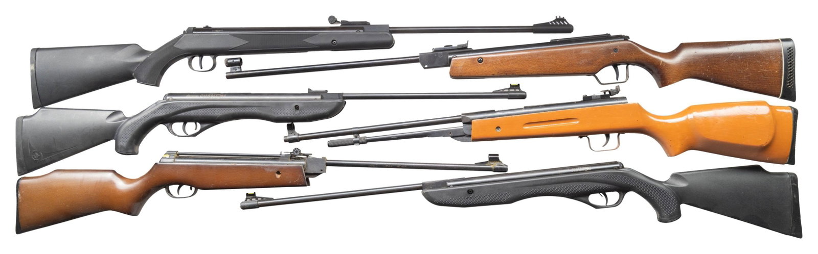 SIX PELLET RIFLES BY CROSMAN, DIANA, XISICO &: GAMO. 1) CROSMAN PHANTOM MODEL CS1K77A. Cal. 177 pellet. S# N12DA10S3. 18 1/2" rifled bbl. Green fiber optic front sight with fixed rear sight. Bbl. break cocking. 1000 fps. Lever style safety in