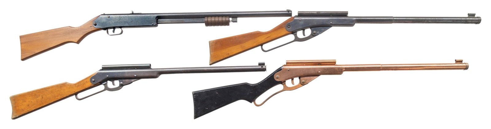 FOUR DAISY SPECIAL EDITION BB RIFLES.: 1) NO. 50 GOLDEN EAGLE. Cal. 175/BB. NSN. Special copper plated 1,000 shot lever action repeater commemorates Daisy's 50th Anniversary. Globe front and 6 3/8" tube peep rear sight. Black painted