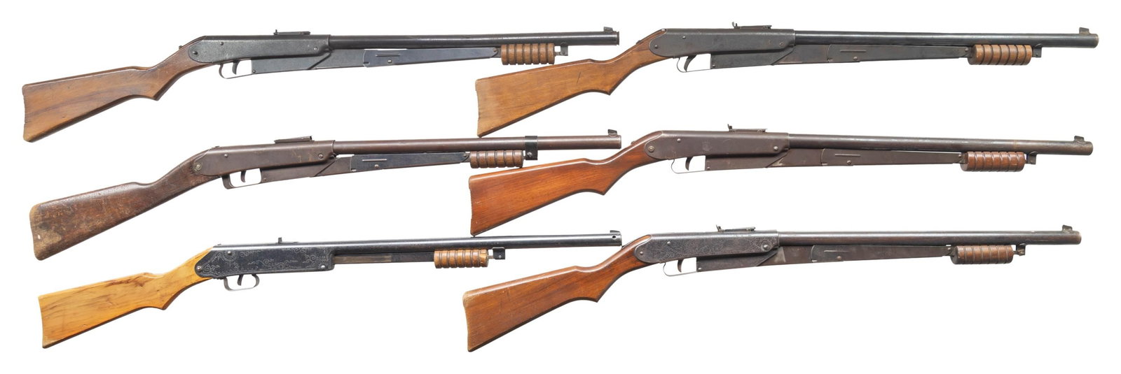 SIX DAISY PUMP ACTION BB GUNS.: The model 25 was Daisy's most powerful and longest running BB gun. The 45 shot slide action repeater was designed by Fred Lefever. Production started in 1913 to 1978 and was reintroduced in 1986.