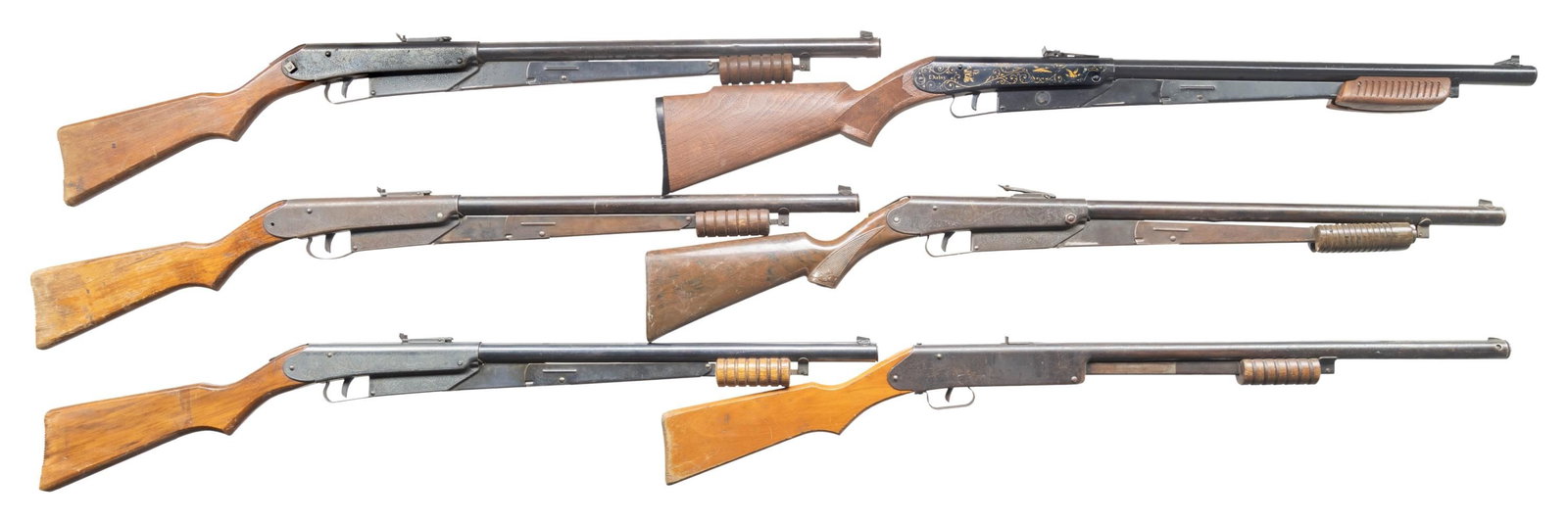 SIX DAISY PUMP ACTION BB GUNS. (1 of 2)
