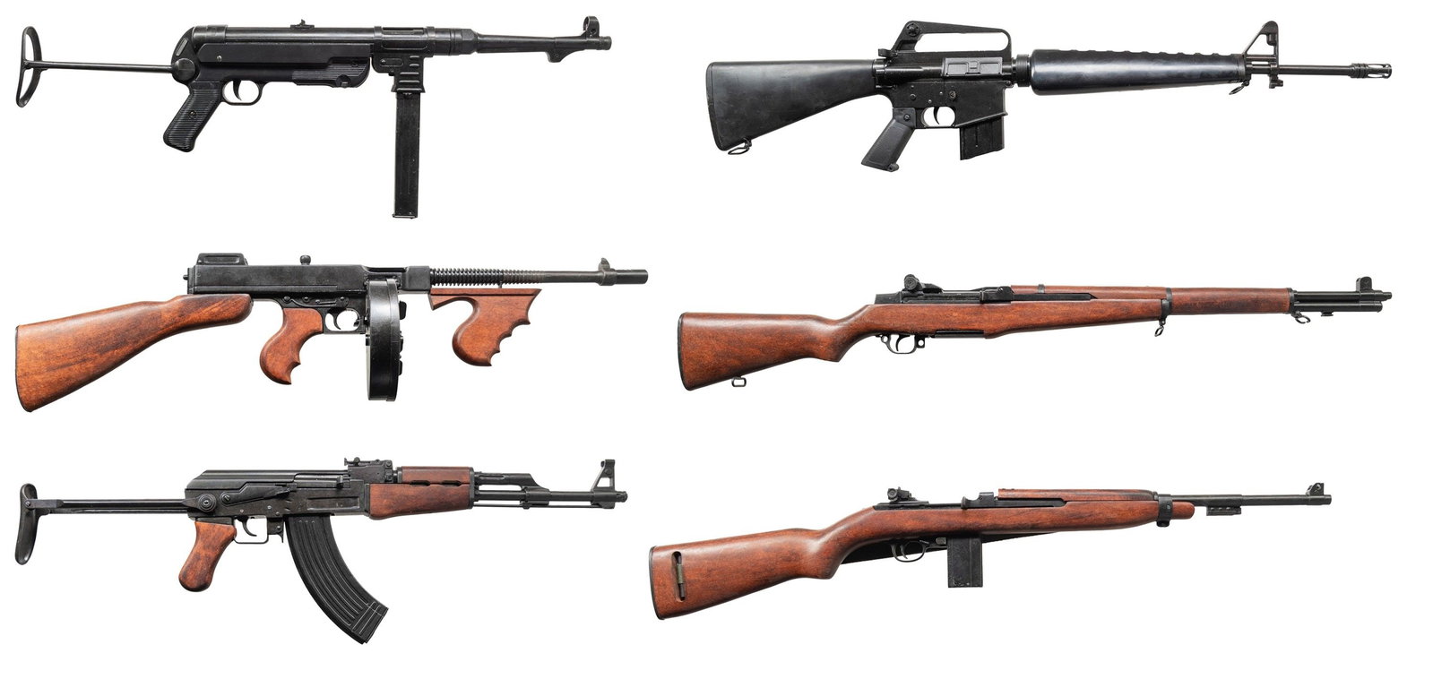6 DENIX FIREARM REPLICAS.: This lot includes: 1 Russian AK style w/ 30 rd. style mag. & under-folding stock.1 MP401 M1 Garand1 Thompson M1928 with Drum style mag.1 M1 Carbine w/ style mag.1 M16 style with style mag. CONDITION: 