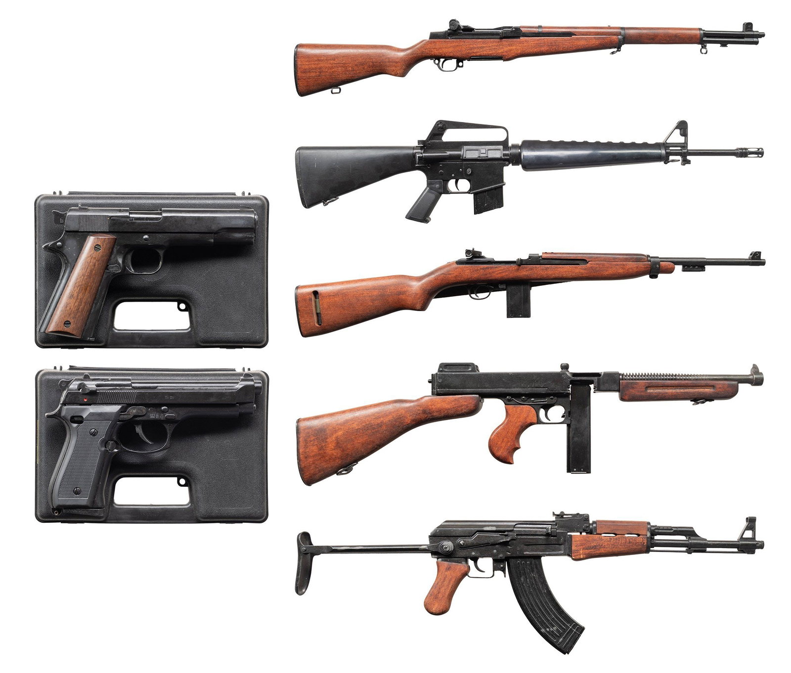 5 DENIX REPLICAS & 2 BRUNI BLANK FIRING GUNS.: This lot includes: DENIX NON-FIRING REPLICA DISPLAY PIECES:1 Russian AK style w/ 30 rd. style mag. & under-folding stock.1 M1 Garand1 Thompson M1A with stick style mag.1 M1 Carbine w/ style mag.1 M16 