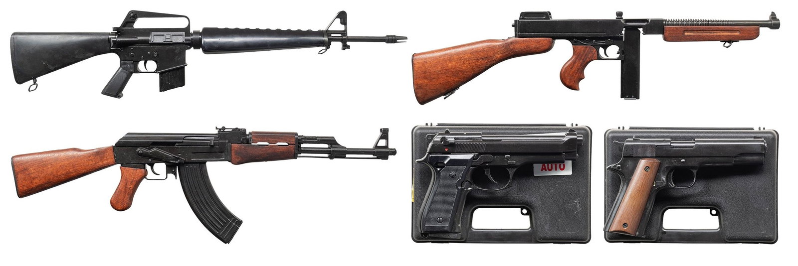 3 DENIX REPLICAS & 2 BRUNI BLANK FIRING GUNS.: This lot includes: DENIX NON-FIRING REPLICA DISPLAY PIECES:1 Russian AK style w/ 30 rd. style mag.1 Thompson M1A with stick style mag.1 M16 style with style mag. BRUNI BLANK FIRING GUNS.1 M96, 1911 ST