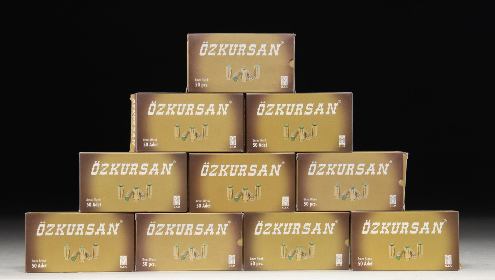 10 BOXES OF OZKURSAN 8MM BLANK AMMO.: CONDITION: boxes in very good condition; ammo appears serviceable. (02-26555/MD). AMMO. $300-450.