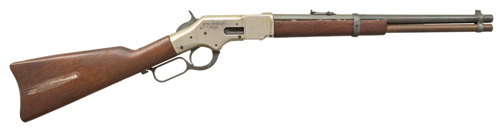 M-66 WESTERN SADDLE CARBINE NON-FIRING REPLICA: WITH SPURIOUS MARKINGS. M-66 replica carbine, likely produced by MGC in Japan. Left side of the bbl. is marked "M-66 WESTERN SADDLE - CARBINE", with "NO. 0405" marked on the right. Left side of the al