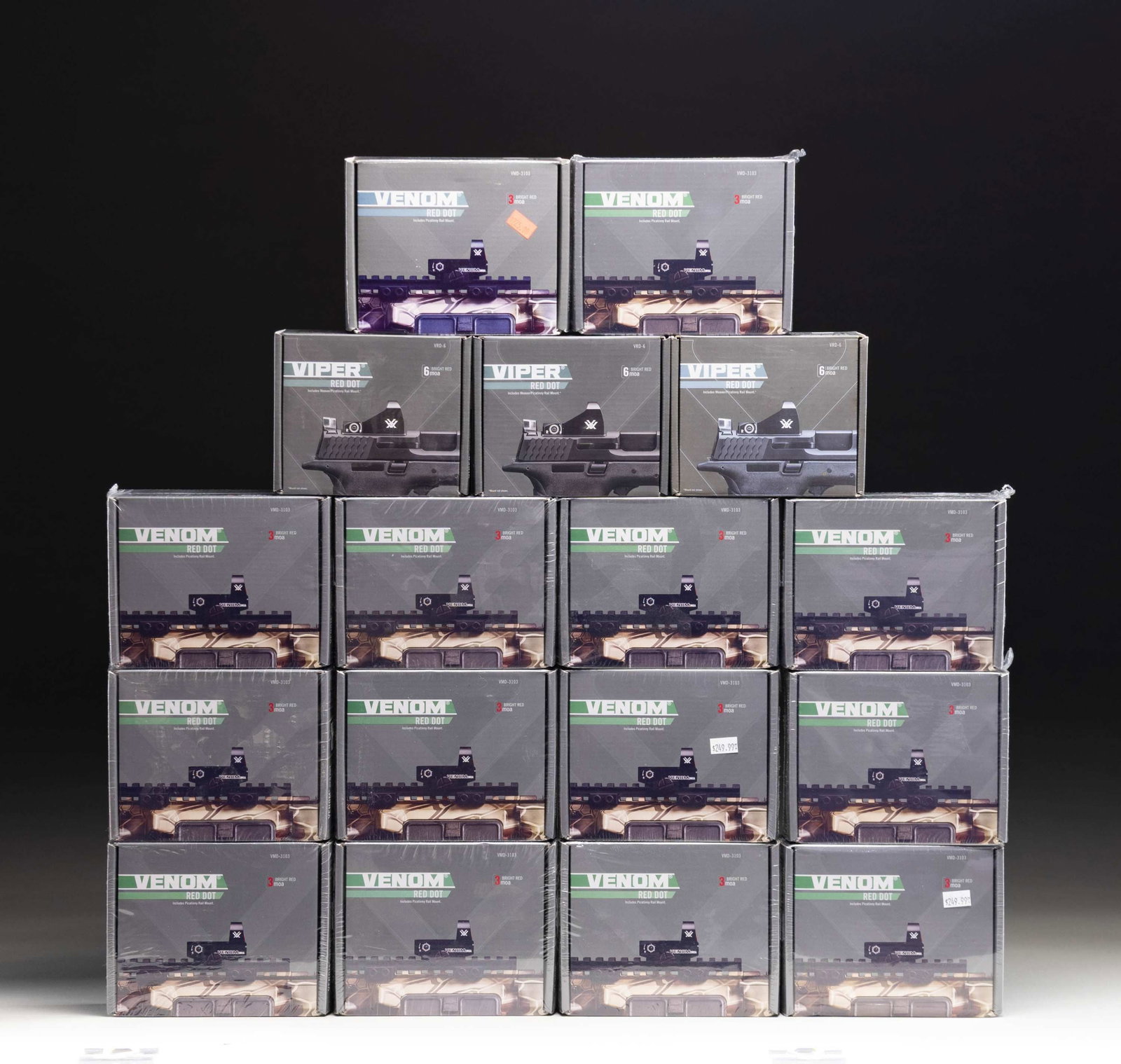 NEW VORTEX RED DOT SIGHTS - 14 VENOMS & 3 VIPERS.: All new and factory sealed (1 of Venom models opened plus 1 opened Viper model has accessories only; no sight) with MSRP of $369 each; Models VMD-3103 and VRD-6. Small, compact design with Docter prof