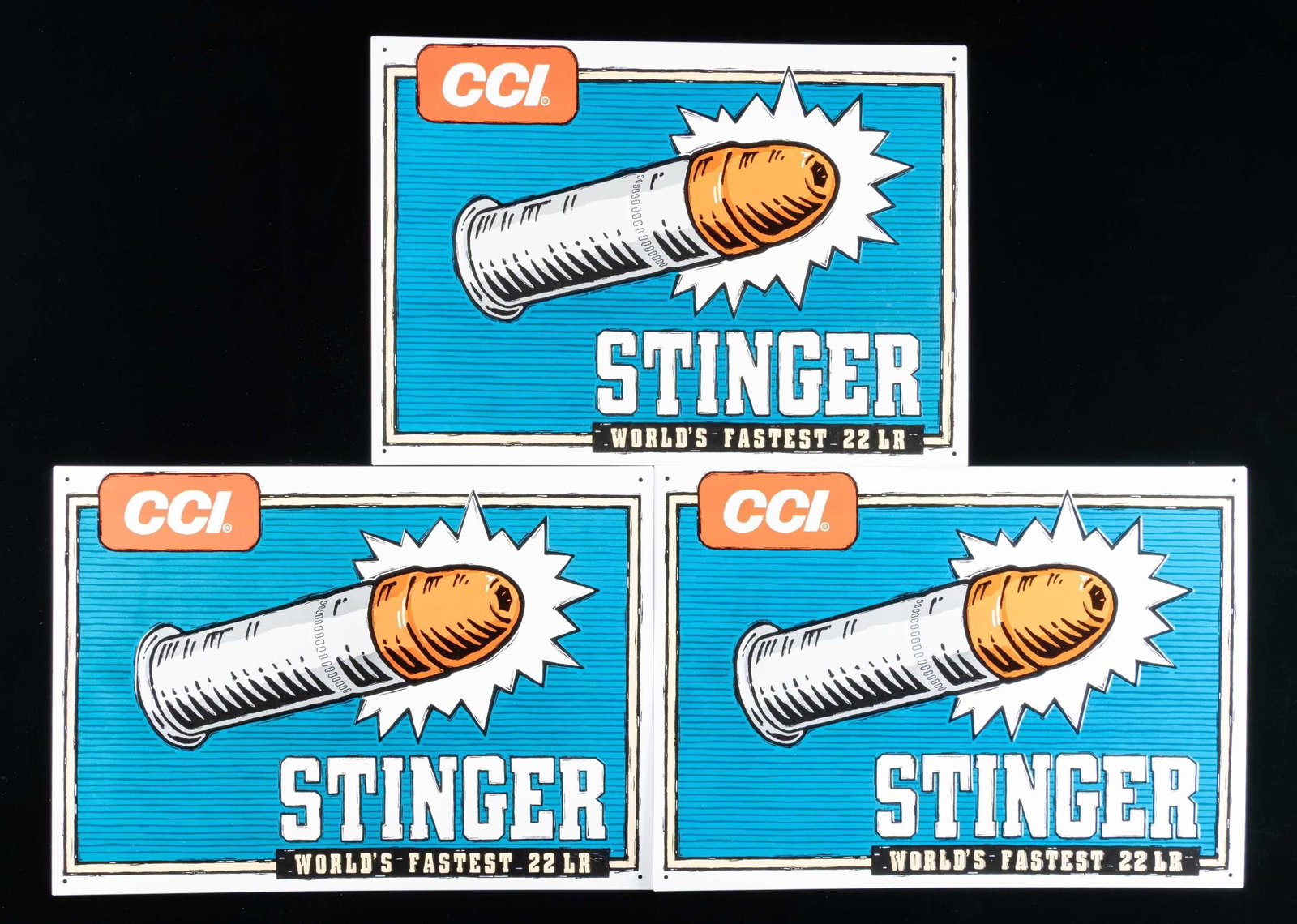 3 CCI STINGER TIN TYPE PROMOTION SIGNS.: 3 New 11 1/2" by 16 1/4" tin type signs promoting CCI's Stinger brand of 22 LR ammo "WORLD'S FASTEST 22 LR". PROVENANCE: Norman Olliff Estate. (02-25668/NW). NON-GUN. $30-60.