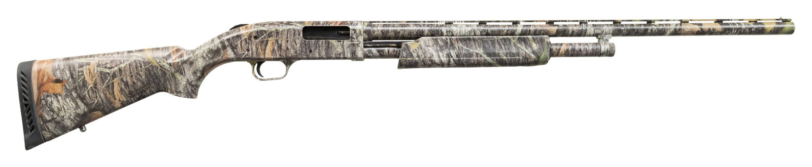 MOSSBERG 500 CAMO SLIDE ACTION SHOTGUN.: Cal. 20ga 2 3/4" & 3". S# T836901. Bbl 26" VR with small brass bead front sight. Full woodlands camo. Composite pistol grip stock set with sling stud and vented rubber recoil pad. CONDITION: Overall v
