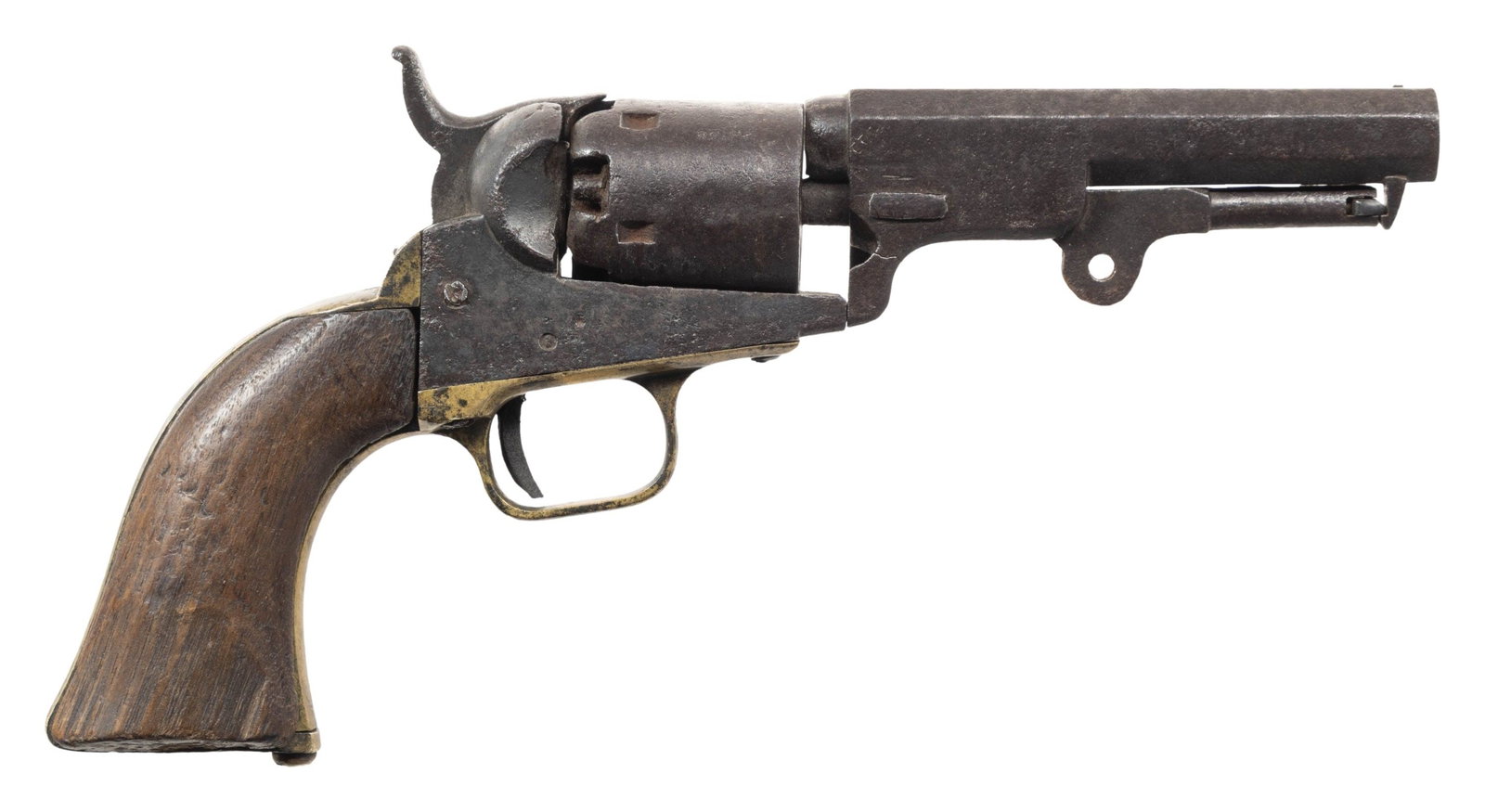 COLT 1849 POCKET PERCUSSION REVOLVER.: Cal. 31. S# 28358. Mfg. 1852. Bbl. 4". Matching numbers. New York City bbl. address. Missing part of the loading lever. Replacement strap screw. Walnut grips. Being sold as-is. CONDITION: poor, parts 