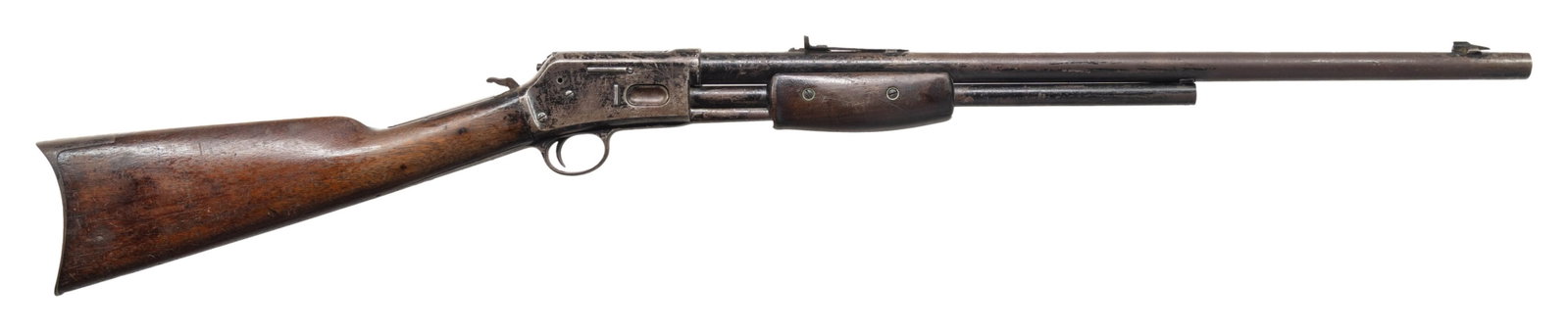 COLT MEDIUM FRAME LIGHTNING SLIDE ACTION RIFLE.: Cal. 38. S# 85479. Mfg. 1899. Bbl. 22" rd with replacement dovetailed bead front sight. Ladder adjustable replacement sporting rear sight. Smooth walnut stock set. Added black enamel paint to metal su