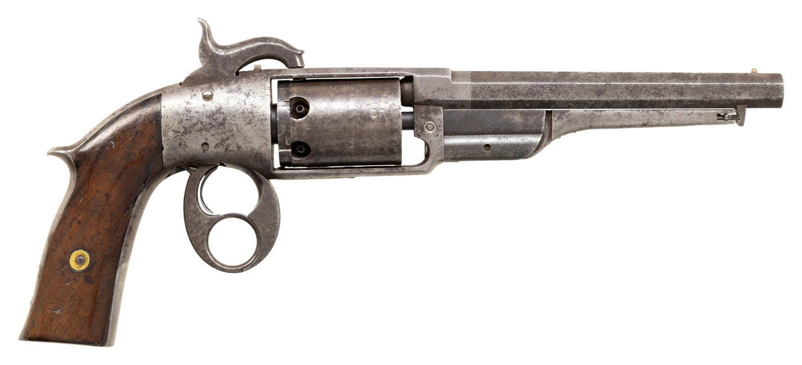 RARE SAVAGE & NORTH FIGURE-8 NAVY REVOLVER.: Cal. 36. S# 289. Total production of 3 distinct models estimated at 500. This is 2nd model of which about 100 were made. About 14" overall, 7" octagonal barrel, top strap marked "E SAVAGE. MIDDLETOWN.