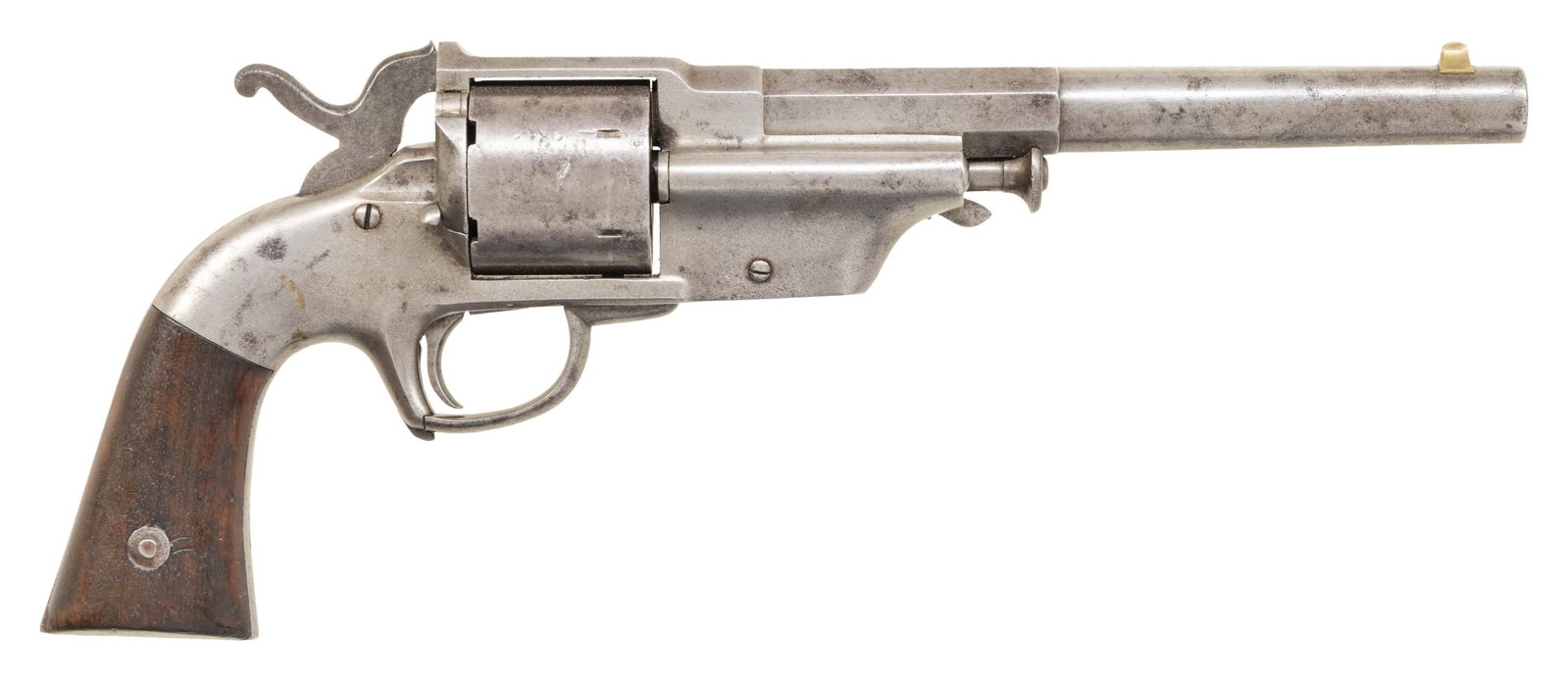 RARE ALLEN & WHEELOCK CENTER HAMMER ARMY 44: LIPFIRE SA REVOLVER. Cal. 44 Lipfire. S# 38. Bbl. 7.5" with dovetailed brass front sight and v notch integral top strap rear sight. 2 piece walnut grips. CONDITION: overall very good with lightly clea