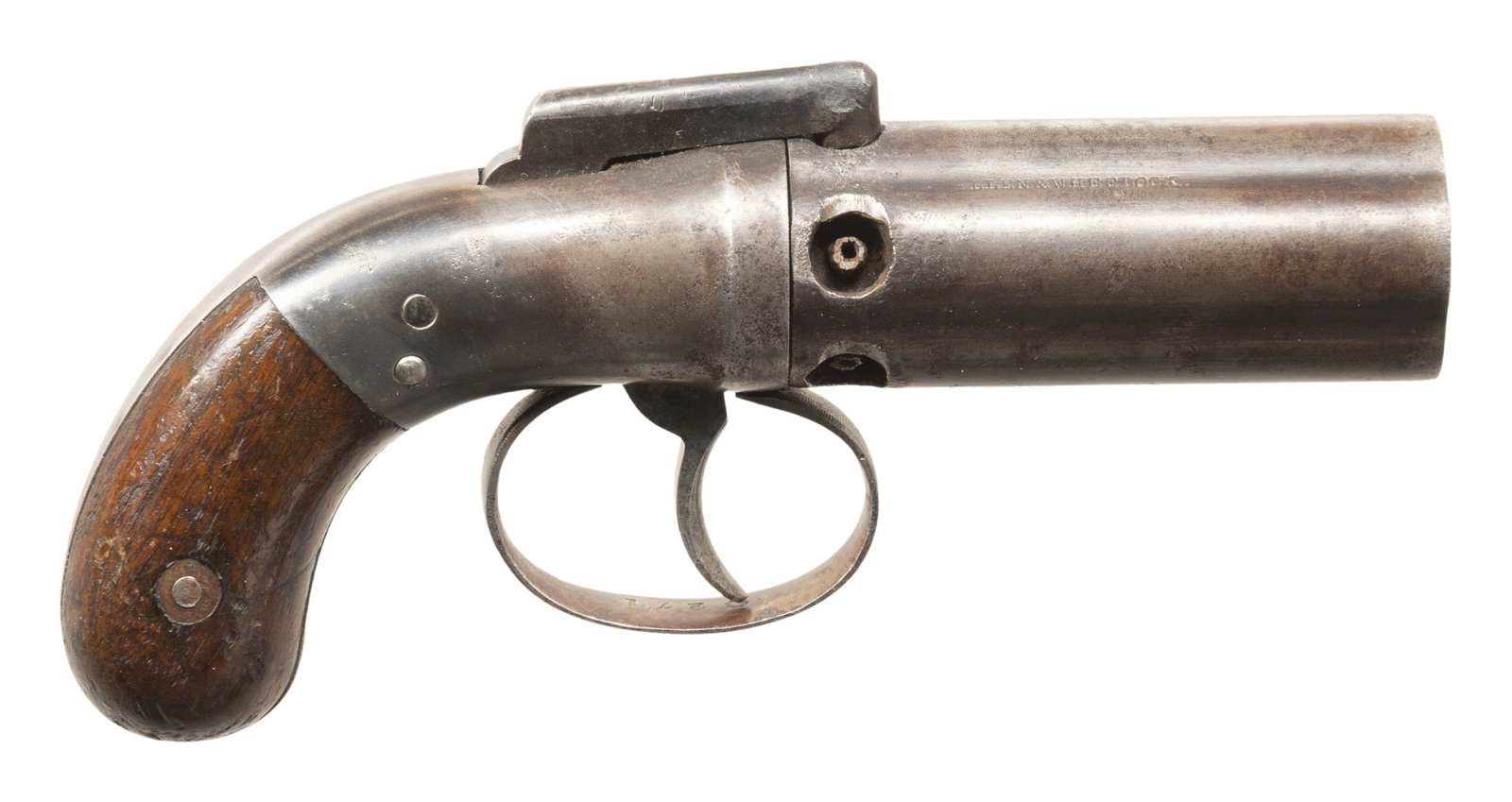 ALLEN & WHEELOCK BAR HAMMER PEPPERBOX PISTOL.: Cal. 34. S# 271. 6" overall, 2.75" 5-barrel cluster, "ALLEN & WHEELOCK" stamped on one barrel flute. "ALLEN'S PATENT / APRIL 16, 1845" stamped on left side of bar hammer, varnished bag grip slabs. CON