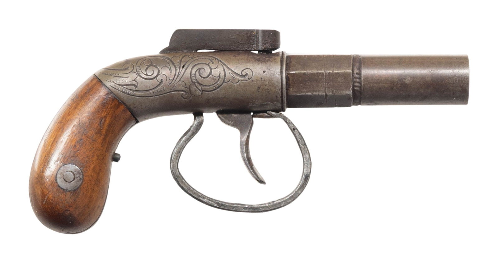 ALLEN PATENT BAR HAMMER SINGLE SHOT MUFF PISTOL.: Cal. 30. S# 440. Bbl. 2" oct-rd. Scroll eng accents. 2 piece walnut bag grips. CONDITION: overall very good. Metal has a fairly even grey patina with some mild mottling. Good grips with light handling