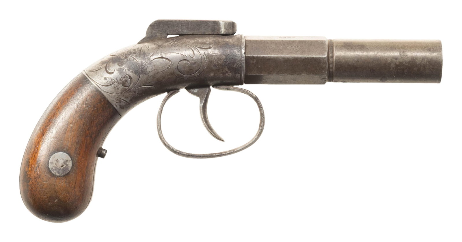 ALLEN & THURBER BAR HAMMER SINGLE SHOT PISTOL.: Cal. 36. S# 331. 6.5" overall; 3" octagonal to round barrel, double action, "PATENTED", "1837", & "CAST STEEL" stamped on three adjacent barrel flats, "ALLEN'S PATENT" stamped on left side of bar hamm