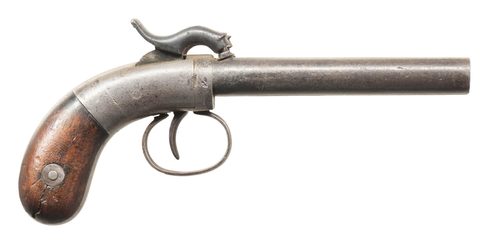 SCARCE ALLEN & THURBER DOUBLE BARREL PERCUSSION: PISTOL. Cal. 36. S# 812. 7.5" overall; 4.25" pair barrels stamped "ALLEN & THURBER" in central rib, dual hammers, one trigger, when both hammers cocked, trigger pull fires right barrel, second trigger