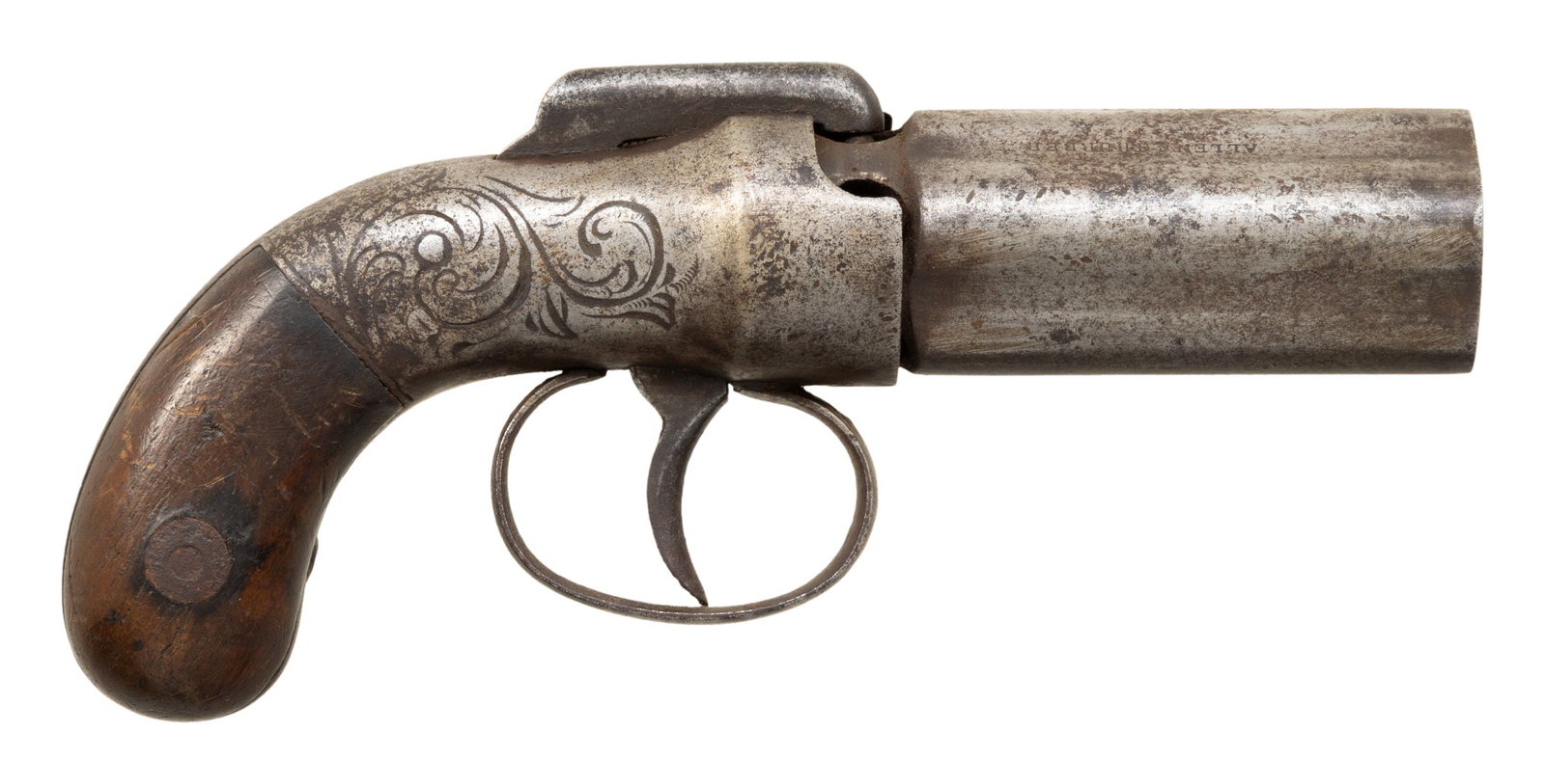 ALLEN PATENT BAR HAMMER PEPPER BOX.: Cal. 31. NSN. Bbl. 2" 5 shot cluster. Scroll eng accents. 2 piece bag grips. CONDITION: overall good. Metal has a mottled grey patina with handling marks. Grips have scattered handling marks, Mechanic