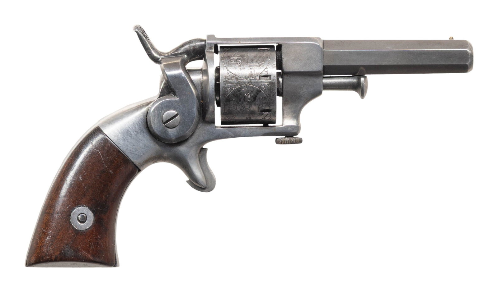ALLEN & WHEELOCK SIDEHAMMER REVOLVER.: Cal. 22. S# 69. Bbl. 2 1/2". Brass post front sight. Fixed rear sight. Cyl. has varied engraved scenes. Revolver has a mix of features such as rear sight at back of top strap, large retaining screw on