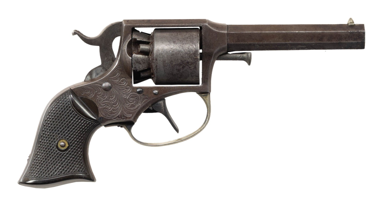 REMINGTON RIDER PERCUSSION REVOLVER.: Cal. 31 S# 667. Bbl. 3" with dovetailed German silver post front sight. Clear bbl address markings. Etched scroll accented cyl. Frame is adorned with a factory foliate scroll panel. Silver plated trig