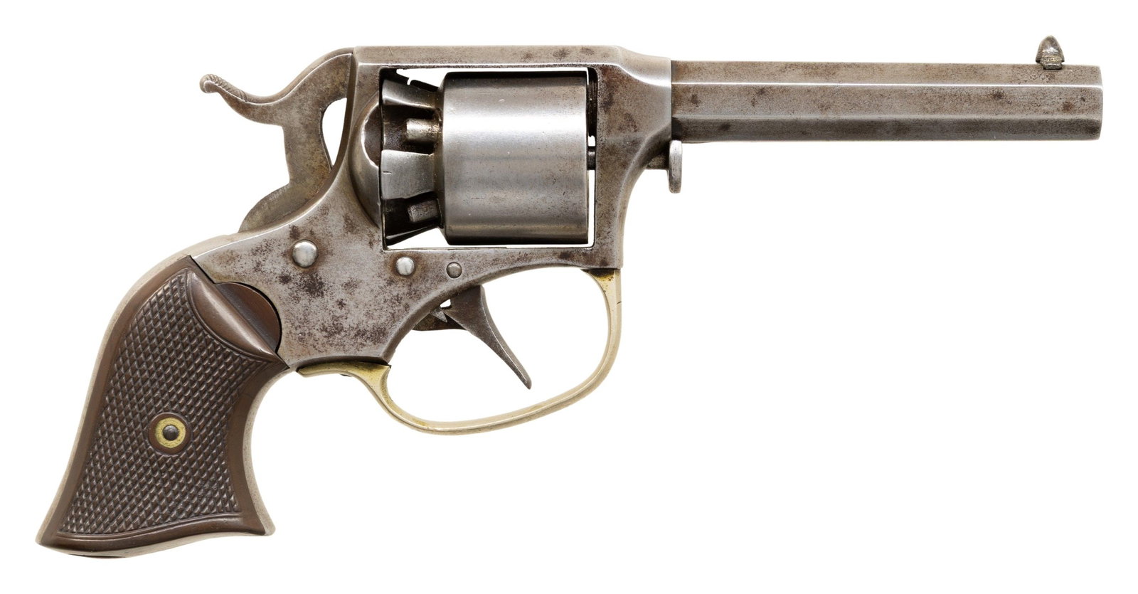 REMINGTON RIDER PERCUSSION REVOLVER.: Cal.31. S# 1173. Bbl 3" Oct. with mostly legible bbl address. Silver plated trigger guard. Checkered hard rubber grips. CONDITION: overall fair. Metal finish has faded to an even grey patina. Grips ha