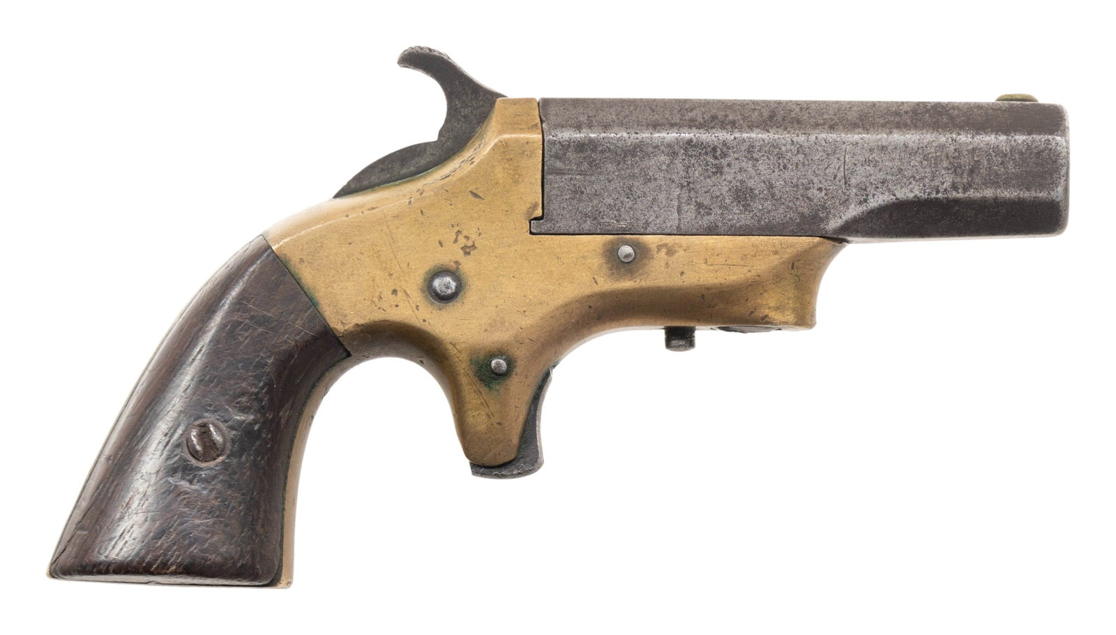 BROWN SOUTHERNER DERRINGER.: Cal. 41 RF. S# 8246. Side pivoting 2.5" bbl. Brass action w/ walnut grips. CONDITION: metal is gray patina. Brass showing mustard patina. Grips shows wear & sm. chip. Bore shows worn rifling. Barrel u