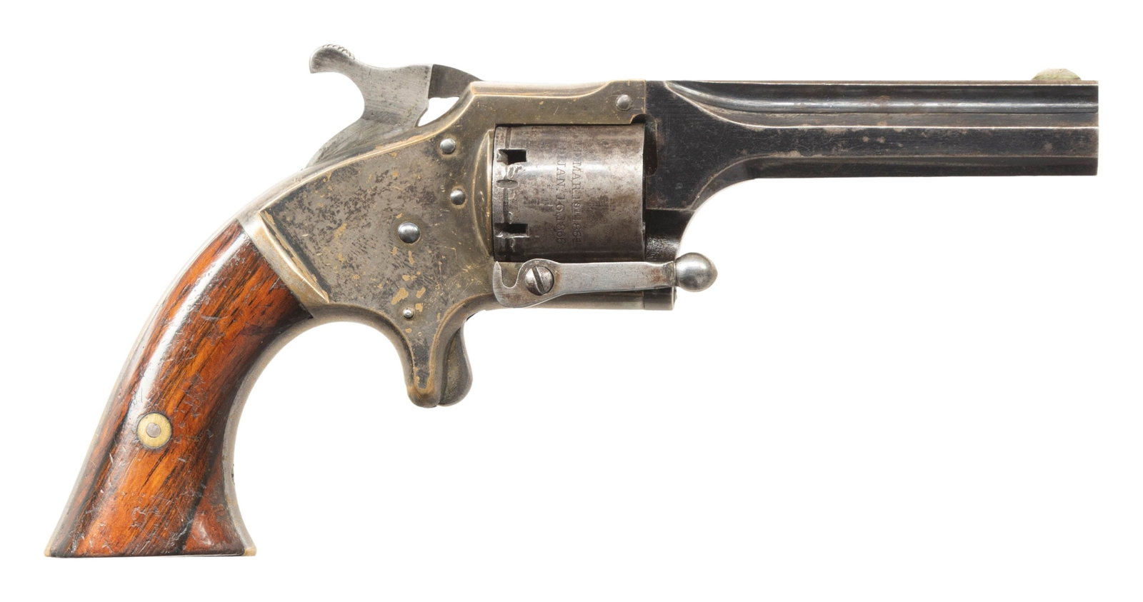 SCARCE LATE CONNECTICUT ARMS POCKET REVOLVER.: Cal. 28. S# 3498. Bbl. 3". Round blade front sight. Bbl. number matches frame. Only 2700 of this model revolver made with this one being the scarce later variant with knob tipped loading lever & two l
