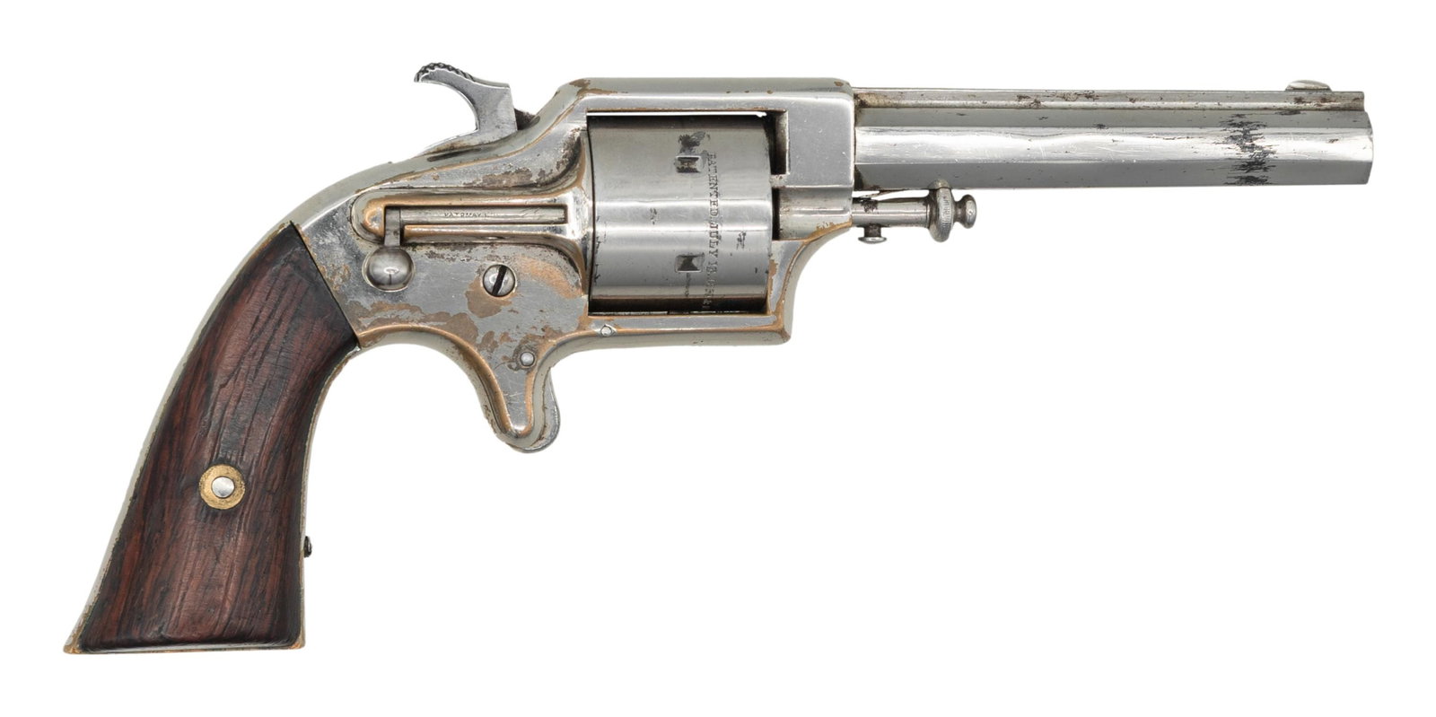 EAGLE ARMS FRONT LOADING REVOLVER.: Cal. 30. S# 3673. Bbl. 3 1/2". Blade front sight. Fixed rear sight. 1860's made revolver with "EAGLE ARMS CO NEW YORK" bbl. marking. It is estimated 20,000 of these revolvers were made. 6-shot cyl. Ni