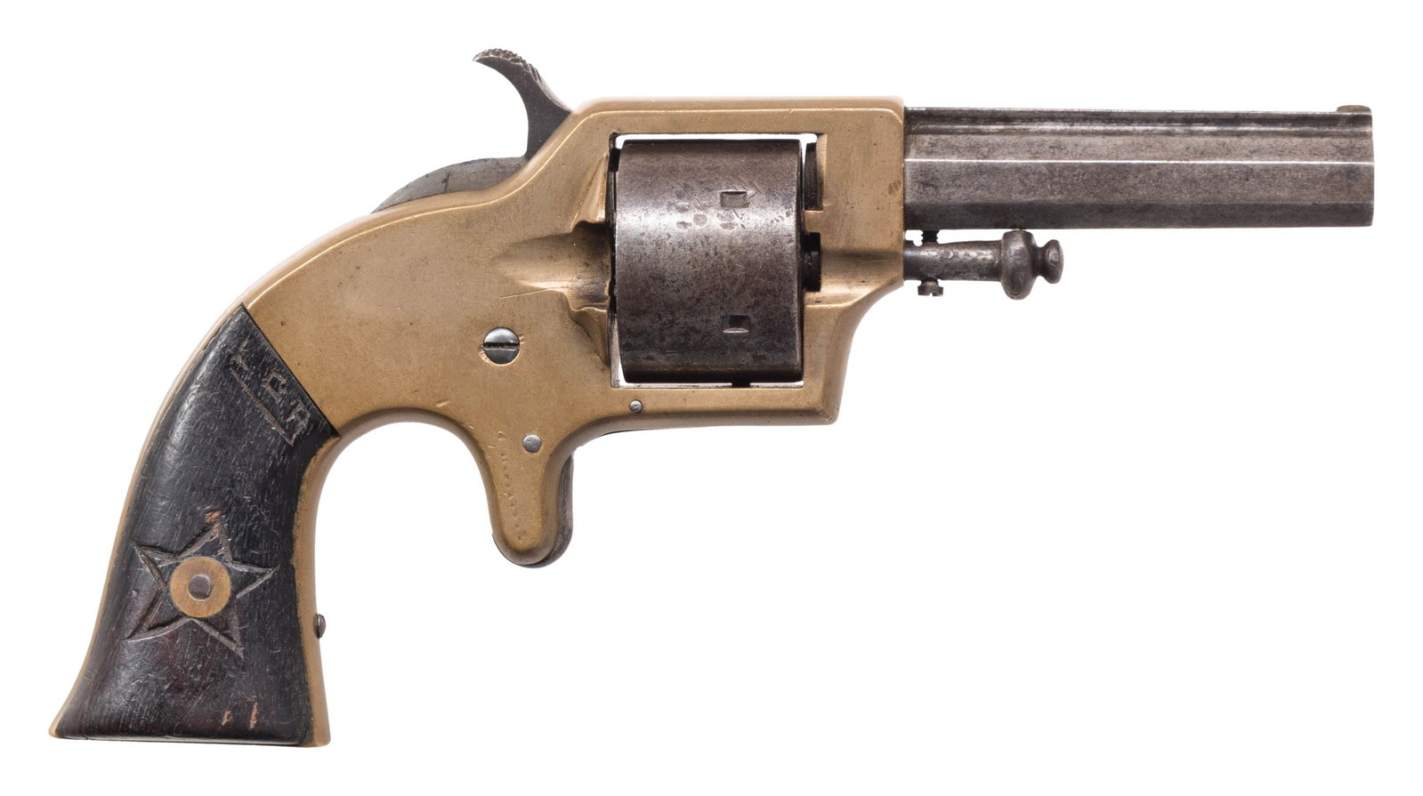 EAGLE MANUFACTURING PLANT'S PATENT SINGLE ACTION: REVOLVER. Cal. 42 Cupfire. S# 8561. Bbl. 3 1/2". Plant's Patent single action revolver mfg. by Eagle Manufacturing Co. Top of the solid bbl. rib is marked with a partially legible address that appears