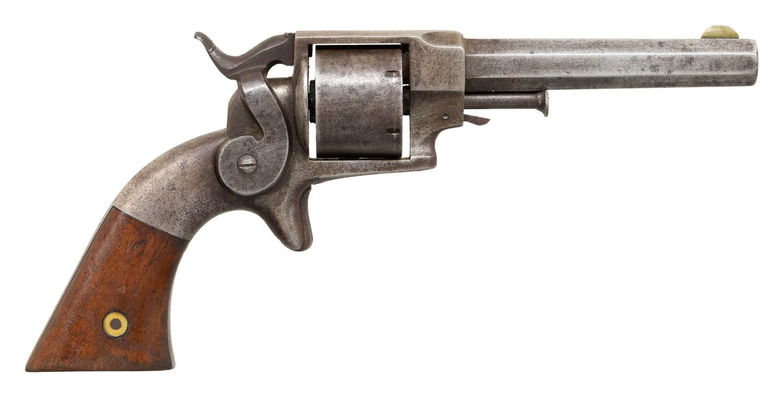 ETHAN ALLEN 32 SIDEHAMMER REVOLVER.: Cal. 32. S# 710. Bbl. 4". Round blade front sight. Fixed top strap rear sight. Matching numbers on grip frame & both grip panels. It estimated slightly over 1000 of these revolvers were made of all va