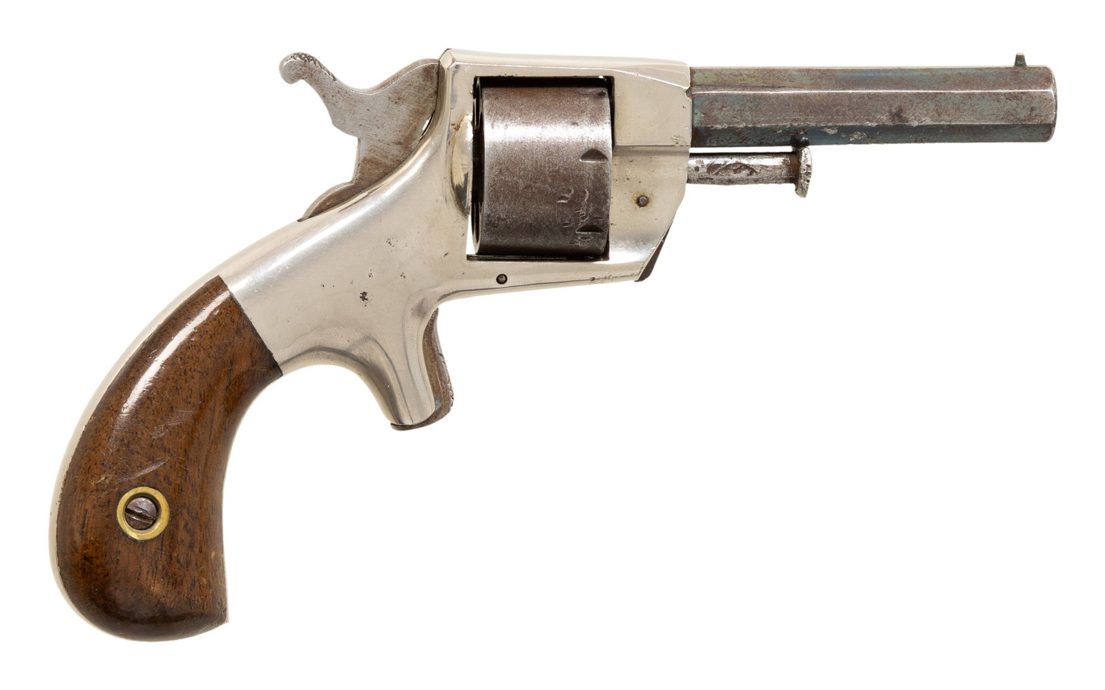FRANK COPELAND POCKET REVOLVER.: Cal. 22. S# 1885. Bbl. 2 1/2". Brass post front sight. Fixed rear sight. Unmarked Frank Copeland Pocket revolver made in the 1860's. 7-shot cyl. Blued bbl. Nickel plated frame. Smooth hardwood grips. 