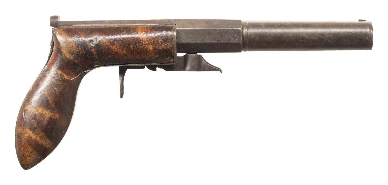 HENRY HALE, BRISTOL CONNECTICUT MADE UNDERHAMMER: PISTOL. Cal. 32. S# 140. 7.5" overall; 4" octagonal to round barrel, fixed rear notch & brass blade sights, brass trimmed curly maple grips, top strap "H. J. HALE / WARRANTED / CAST STEEL". CONDITION:
