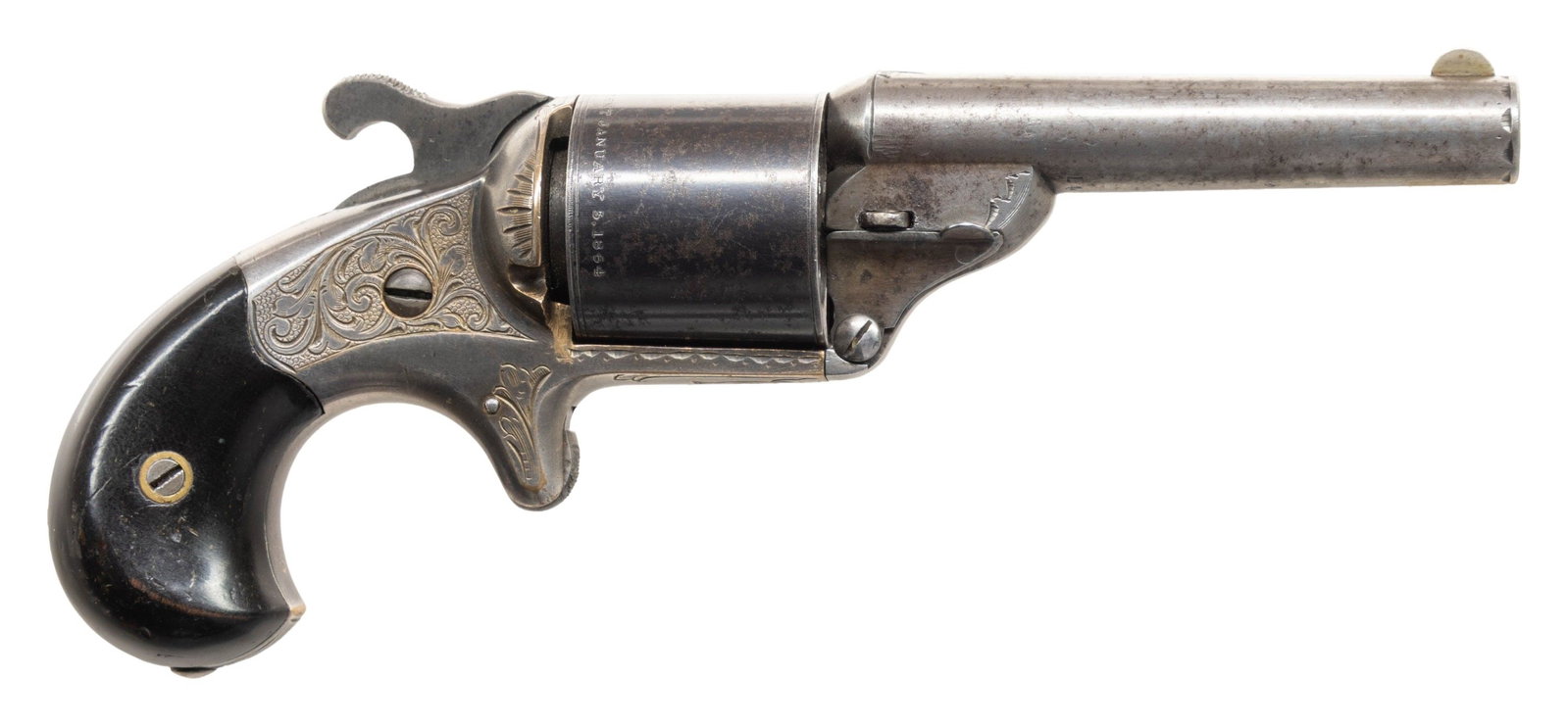 MOORE'S PATENT FIREARMS SINGLE ACTION TEAT-FIRE: REVOLVER. Cal. 32 Teat-Fire. S# 14692. Bbl. 3 1/4". Single action Teat-Fire revolver mfg. by Moore's Patent Firearms. Top of the bbl. is marked "MOORE S PAT. FIRE ARMS CO. BROOKLYN N.Y.". Rear edge of