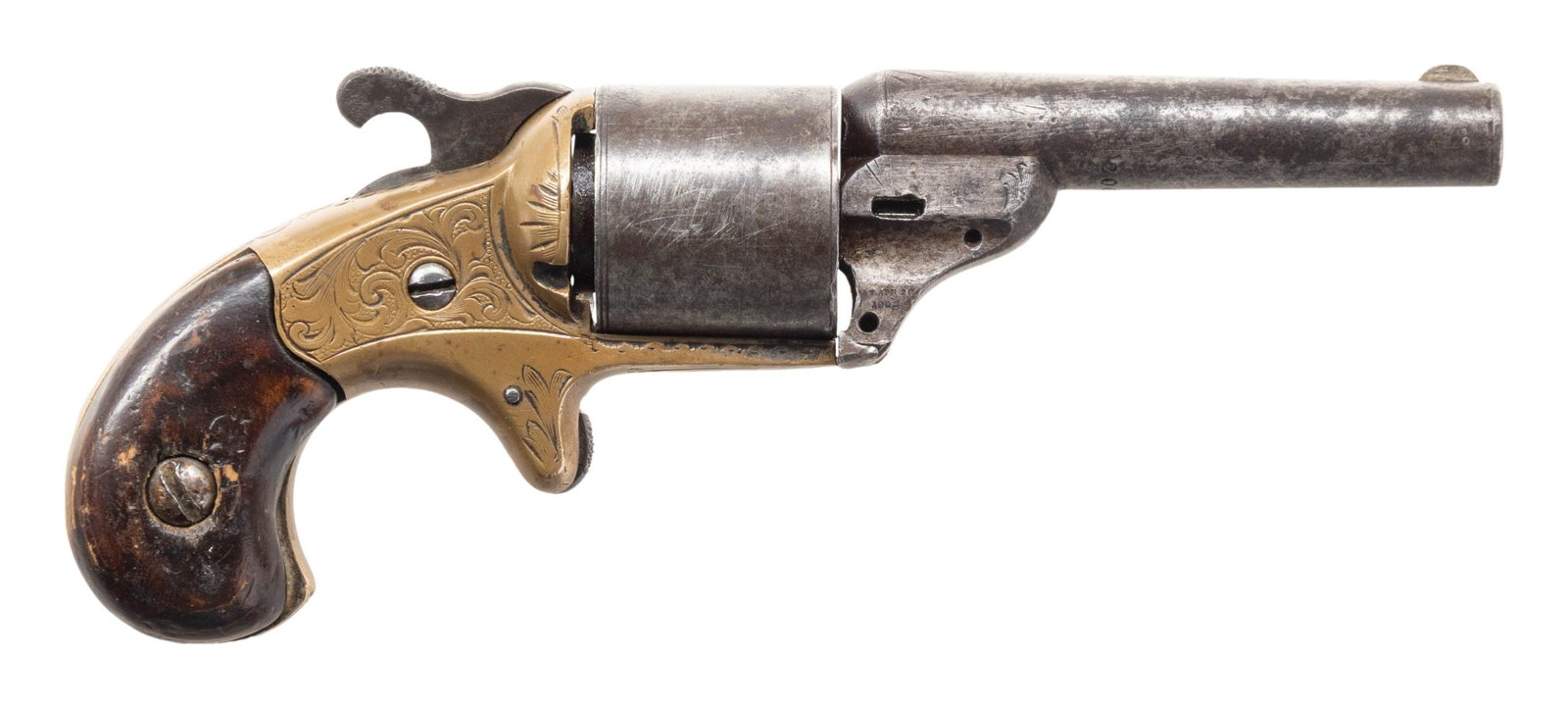 NATIONAL ARMS CO. MOORE'S PATENT TEAT-FIRE SINGLE: ACTION REVOLVER. Cal. 32 Teat-Fire. S# 20631. Bbl. 3 1/4". Moore's Patent single action revolver mfg. by National Arms Co. Top of the bbl. is marked "NATIONAL ARMS Co. BROOKLYN. N.Y.", with small pate