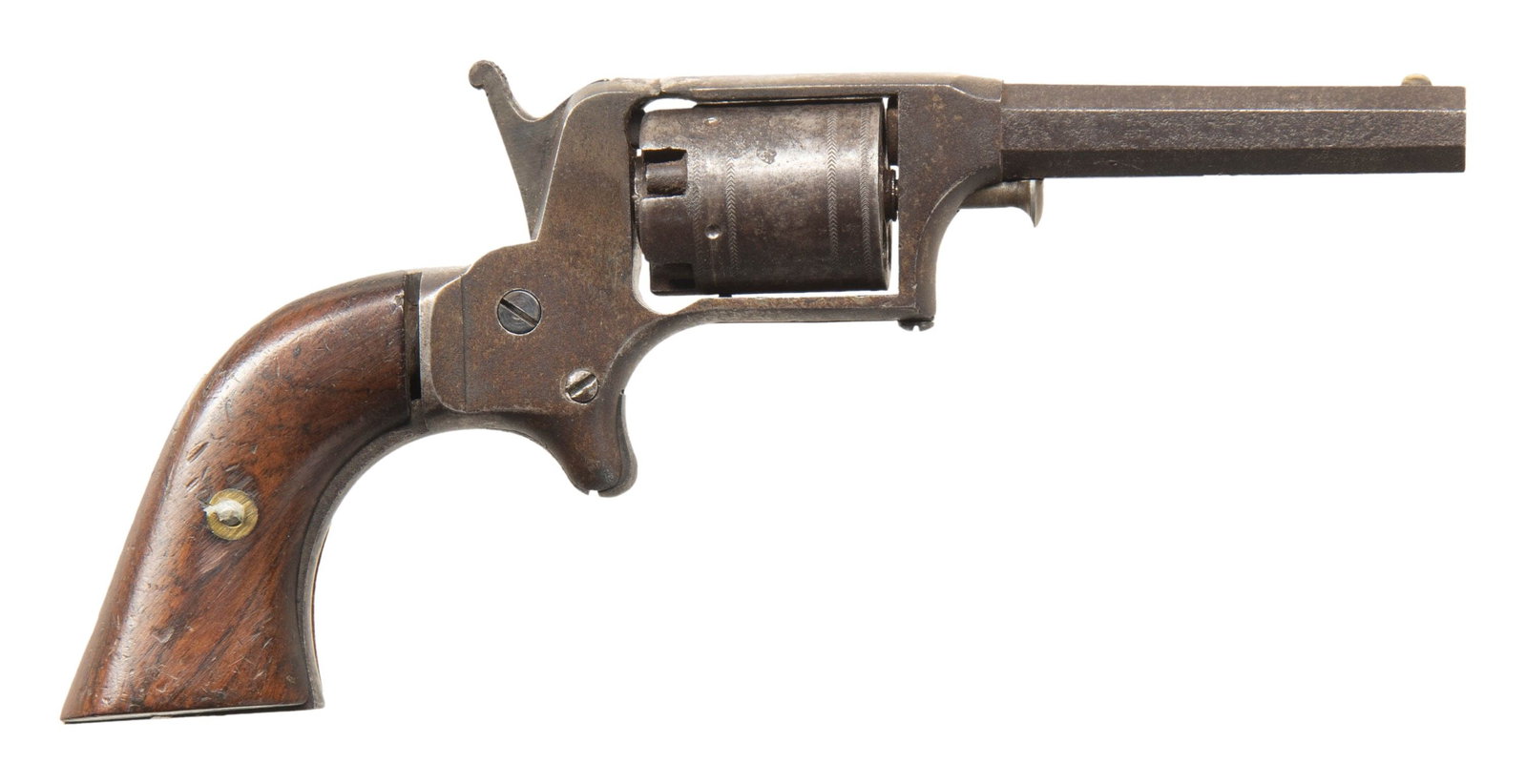 RARE HANKINS POCKET MODEL REVOLVER.: Cal. 25. S# 616. Bbl. 2 7/8". Round brass blade front sight. Matching numbers on bbl., frame & cyl. Rare percussion revolver with only 650 units made. This example has F.G. Wheeler, New York marking