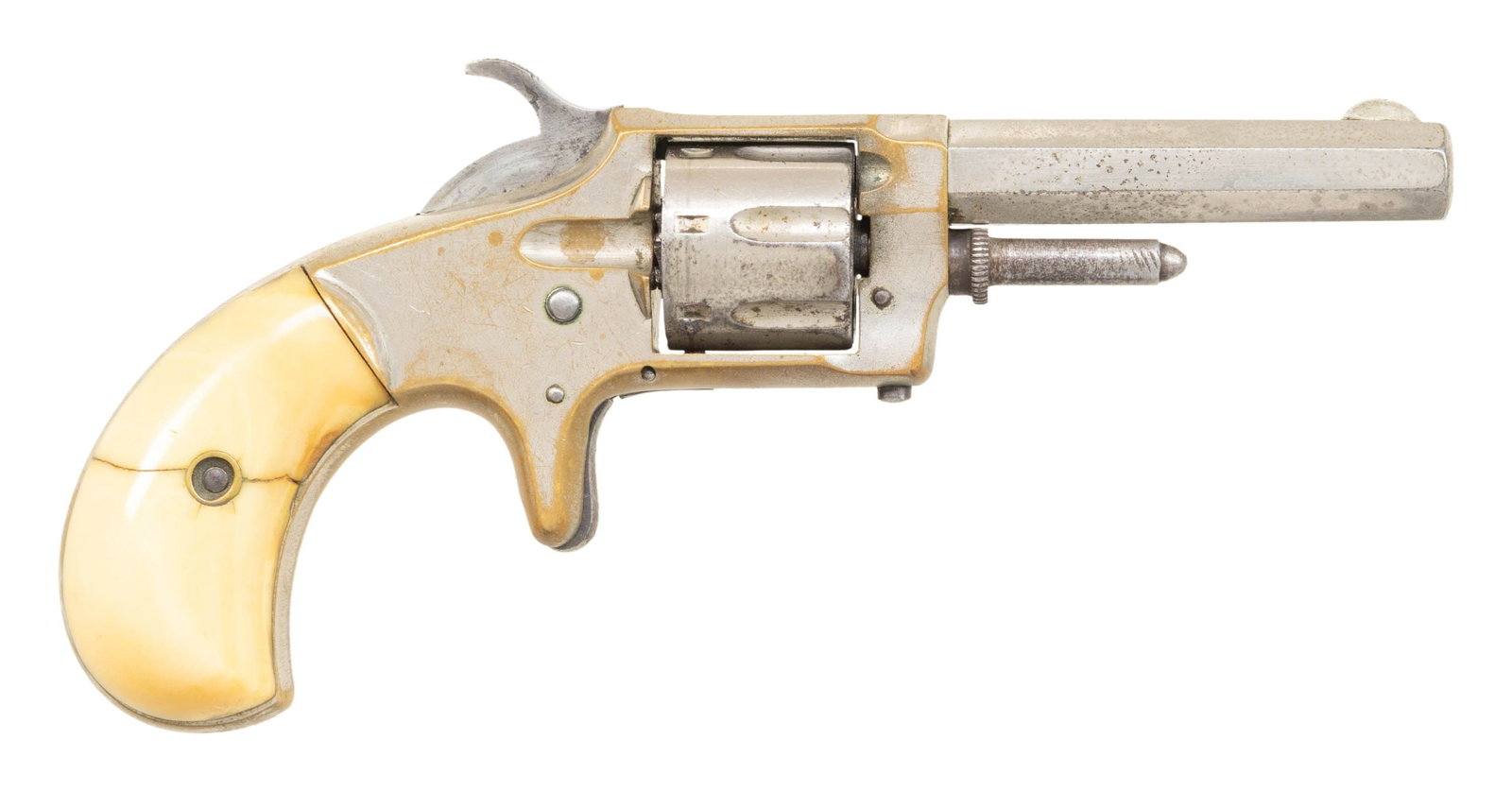WHITNEYVILLE NO. 1 SPUR TRIGGER REVOLVER.: Cal. 22. S# 2576A. Bbl. 2 3/4". Round blade front sight. Fixed rear sight. Bbl. marked "WHITNEYVILLE ARMORY, CT, USA/PAT. MAY 23.1871". Only 3500 of this model were produced in different variants.