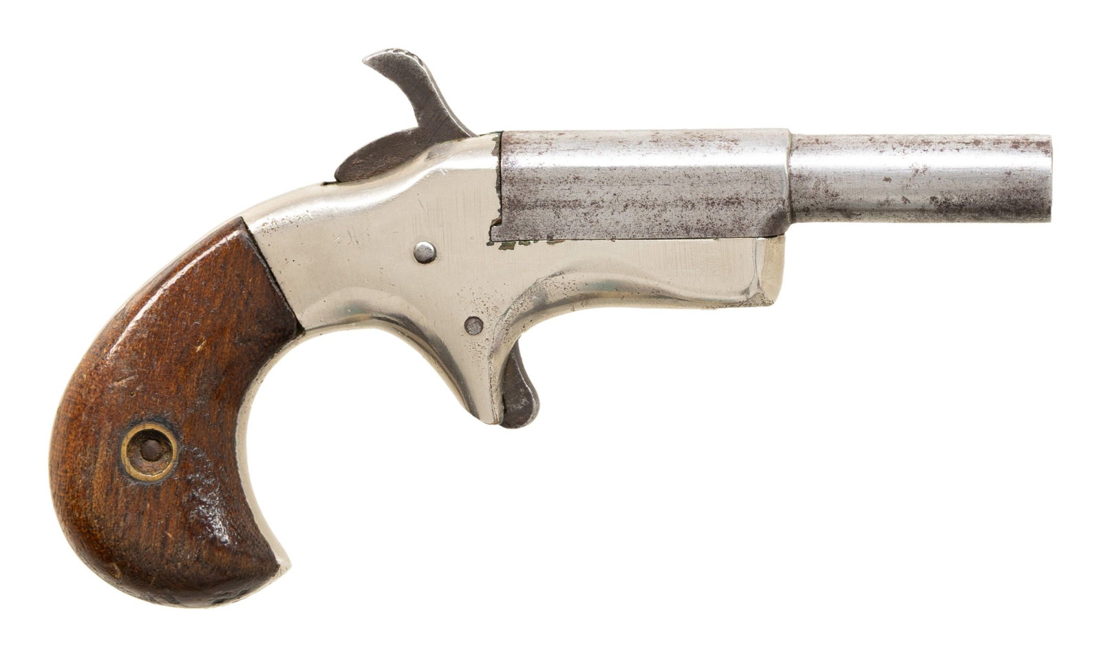RARE HYDE & SHATTUCK KENO SINGLE SHOT DERRINGER.: Cal. 22. S# 318. Bbl. 2 7/16". Keno single shot derringer mfg. by Hyde & Shattuck circa. 1870-1880. Left side of the bbl. is marked "Keno", with no other identifying markings present. Brass frame