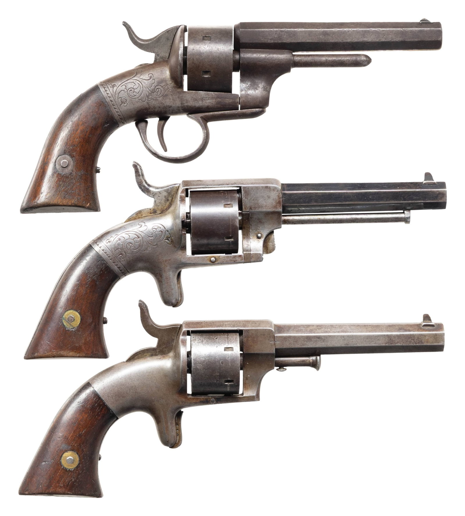 THREE BACON MFG. CO. AND UNION ARMS CO. POCKET: MODEL REVOLVERS. 1) Bacon Pocket Revolver. Cal. 32 short RF. S# 119. 4" octagon bbl. with dovetail mounted blade sight. Round 6 shot cylinder iron frame with spur trigger. Square butt walnut 2pc grips