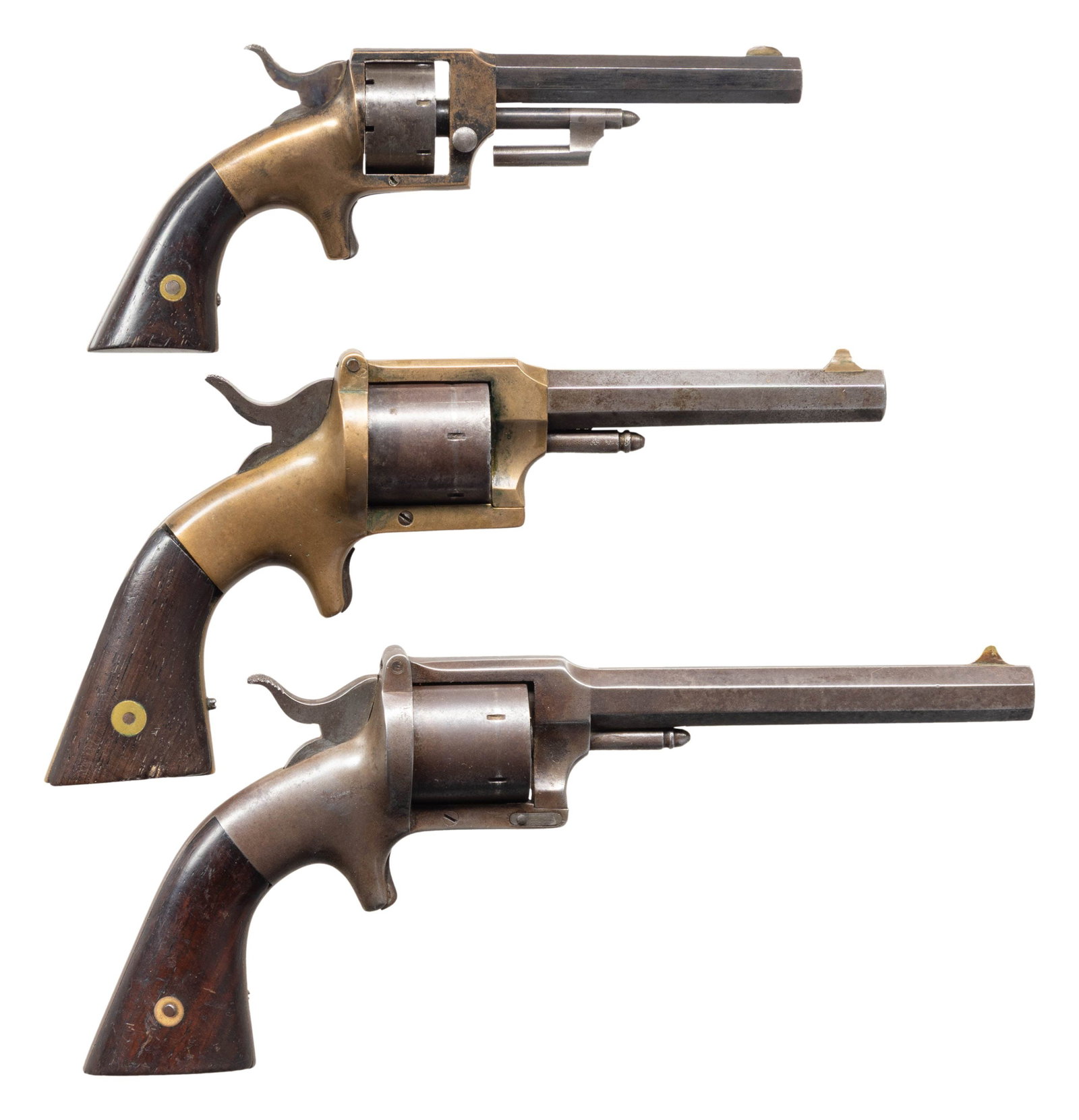 LUCIUS W. POND SINGLE ACTION REVOLVERS.: Pond revolvers were a direct infringement on the Rollin White patent. Production ceased in 1870 when Pond lost a lawsuit brought by Smith & Wesson. 1) Iron Frame Pocket or Belt Revolver. Cal. 32 RF. S