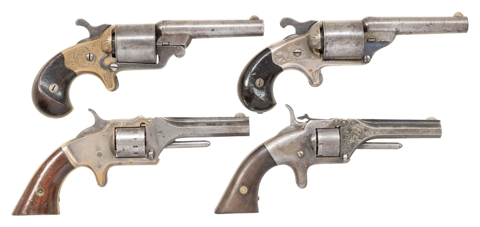 FOUR MOORE'S PATENT, NATIONAL ARMS, MANHATTEN: FIREARMS AND AMERICAN STANDARD REVOLVERS. 1) Moore's Patent Firearms Co. Front Loading Revolver. Cal.32 teat-fire. S# 6576. 3 1/4" round bbl. with Moore's markings. Semi-circular front sight. Right