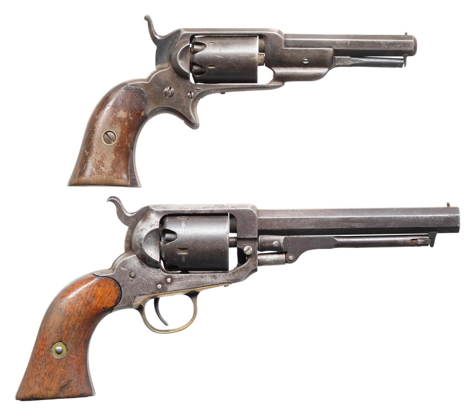 E. WHITNEY POCKET MODEL PERCUSSIN REVOLVERS.: 1) Second Model Pocket. Cal. 31. S# 31. 5" octagon bbl. has brass post sight. Round 5 shot cylinder has eagle, shield & lion roll engraving. Blue finish with nickel finished brass trigger guard.