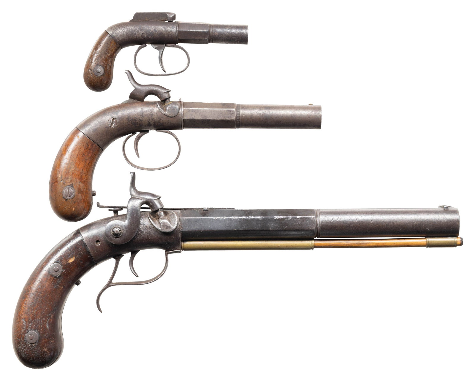 THREE ALLEN & THURBER PERCUSSION PISTOLS.: 1) Side Hammer Target Pistol. Cal. 36. S# 189. 8 3/4" octagon to round bbl. with fasted transition & rifled bore. Dovetailed blade front with V notch adj. rear sight that extends over the action.