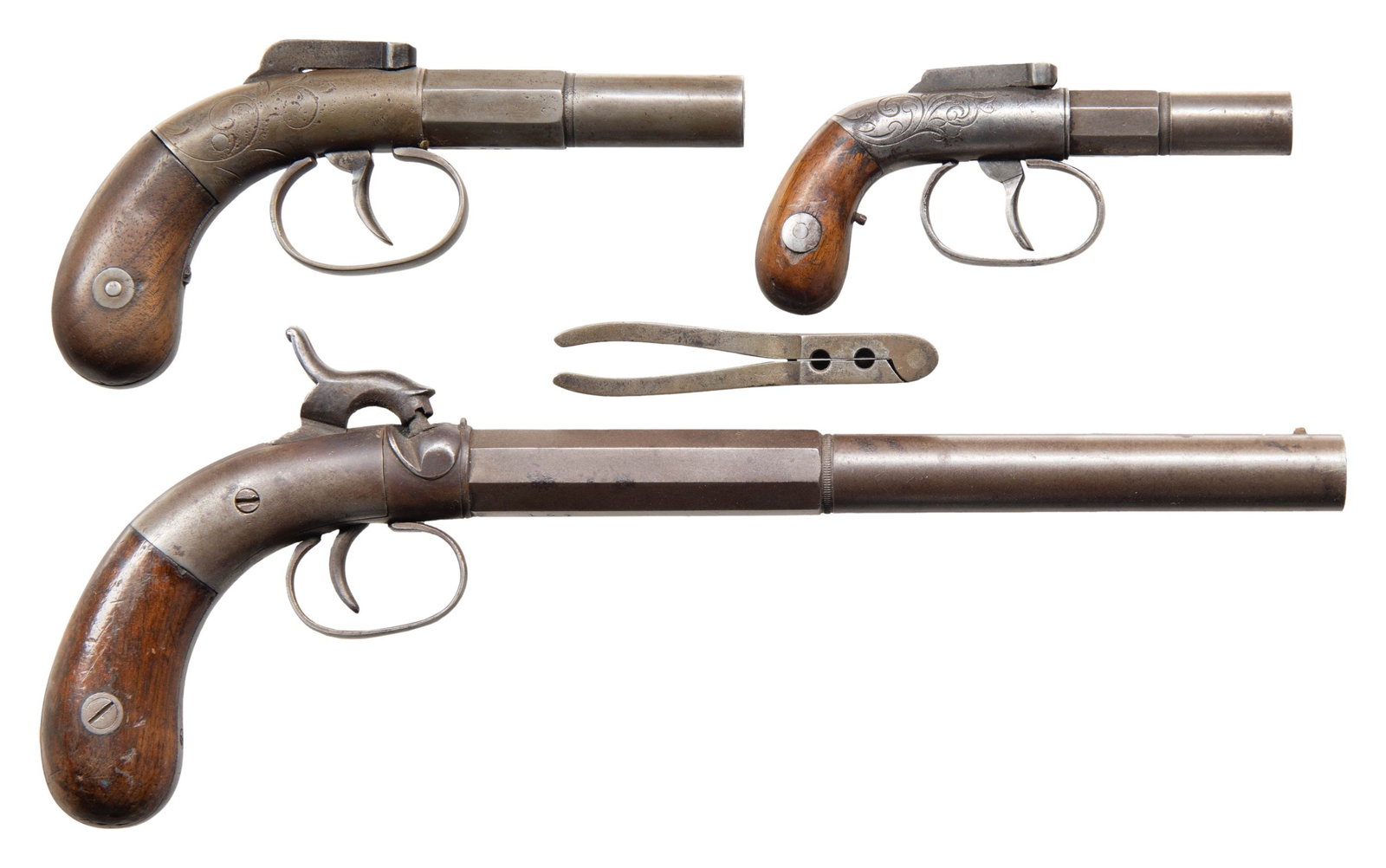 THREE ALLEN & THURBER AND ALLEN & WHEELOCK SINGLE: SHOT PISTOLS. 1) Allen & Thurber Bar Hammer Percussion. Cal. 30. NSN. 2 1/4" octagon to round bbl. with faceted transition & smooth bore. Round action with center mounted bar hammer is lightly scroll